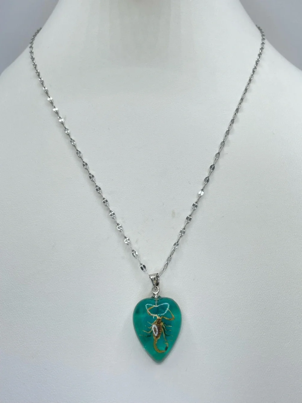 18k Gold Plated Scorpion Teal Resin Heart Pendant Necklace Unique Gothic